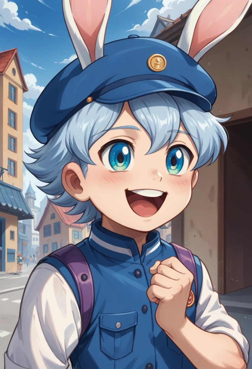 Score_9, score_8_up, score_7_up, rating_safe, Cute young naked boy, luca,blue hair, blue eyes, rabbit ears,rabbit boy,, cute face, very smail, laughing, grinning evily，Western，Boy student，short detailed hair，Shota，solo person，Wear a red and blue beret，（Feathers on the beveled edge of the hat），Red and blue open postman uniform，punky style，Black stroke，solo person，Fluttering feathers，The city of the future，nigth，Contre-Jour,