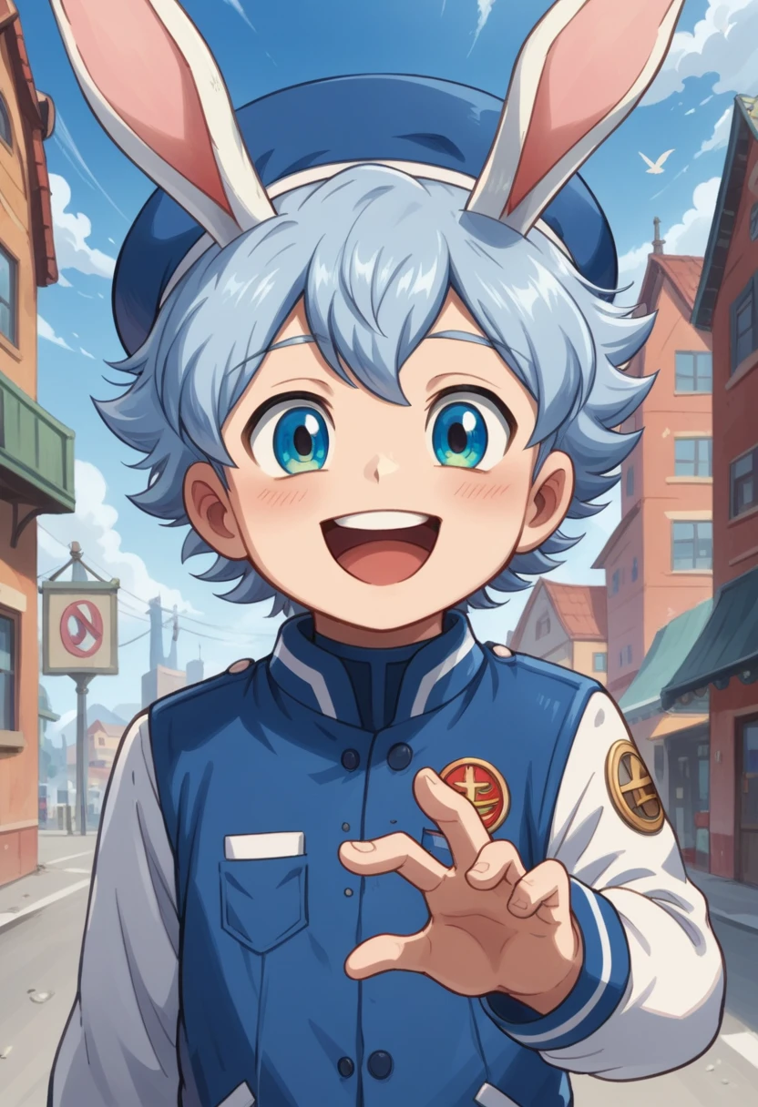 Score_9, score_8_up, score_7_up, rating_safe, Cute young naked boy, luca,blue hair, blue eyes, rabbit ears,rabbit boy,, cute face, very smail, laughing, grinning evily，Western，Boy student，short detailed hair，Shota，solo person，Wear a red and blue beret，（Feathers on the beveled edge of the hat），Red and blue open postman uniform，punky style，Black stroke，solo person，Fluttering feathers，The city of the future，nigth，Contre-Jour,