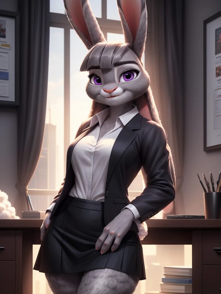 best quality,
masterpiece,
High quality
ultra-detailed
beautiful detailed,
hyper Realistic,
8k , 16k,
3D,
Portrait,
Looking at the audience,
detailed background,
background is an office,

(Face is JudyHopps:1.4),
((long straight hair)),
(see-through bangs:1.3),
beautiful eyes,
bright purple eyes,
(arched eyebrows:1.2),
(uplift eyebrows:1.1),
(rabbit ears:1.1),

(outfit is made of wool:1.4), 
(((body is made of wool fabric)))
(((body is gray with fluffy and fluffy))),
(((skin is wool fabric with fluffy and fluffy))),

office lady is wearing suit,
((White blouse)),
((Black blazer jacket)),
((Black skirt)),
clothes made of cotton,

(solo:1.5),
(1 lady:1.5),
one character only
alone,
Perfect Anatomy