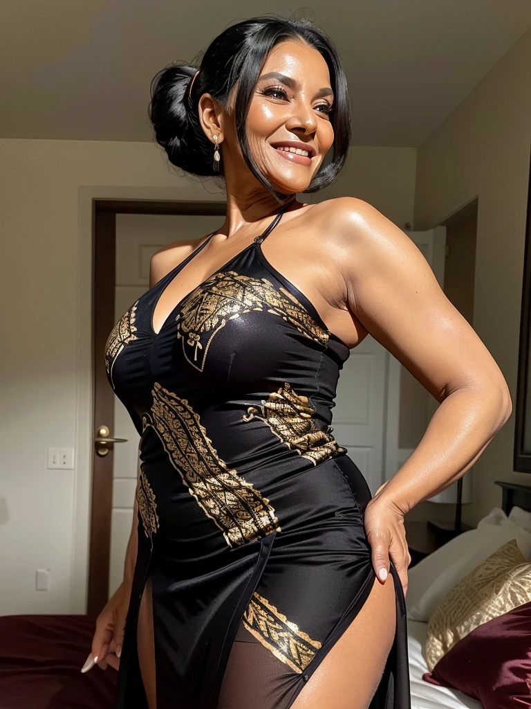 Mature old woman 80 years with black hair, plus size, old face and body with many wrinkles, loose skin, standing at bedroom posing for photo, She wearing black dress with gold pattern and large neckline and lace stockings, ponytail, side view. jaw dropping mature older beauty, old face and body with wrinkles, old face, full visible legs, smiling, attractive grandma, a gorgeous old hair, beautiful old grandma, lovely older mature grandma, gorgeous beautiful grandma over 80 years old, beautiful black hair grandma, beautiful detailed body and face, a beautiful old granny