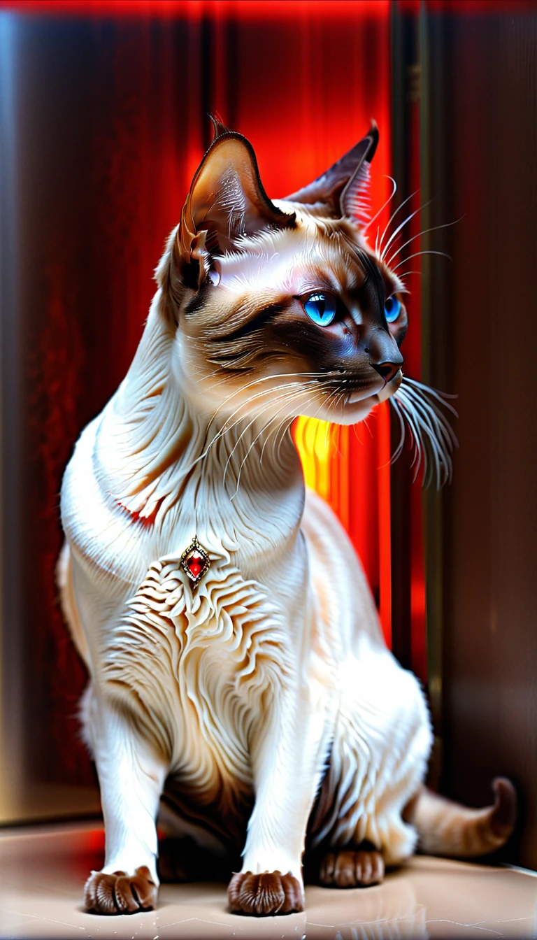 There is no one, realistic photo, realism, Chocolate Point Siam (Chocolate Point Siamese) cat, future oriented, metal decoration, Shining red light inside, hollow interior, Polish, ray tracing, perfect composition, intricate details, Very sharp, masterpiece, profile, high resolution