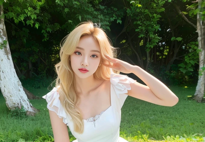 Blonde girl in white dress posing on the grass, Larissa Manobar, Blackpink's Larissa Manoban, blackpink 的 roseanne park, Portrait of Blackpink member Jossi, Portrait of a Korean female idol, Long white hair and bangs, tzuyu from times, Shin Jin Hye, Hot sun, Sakimichan, Home