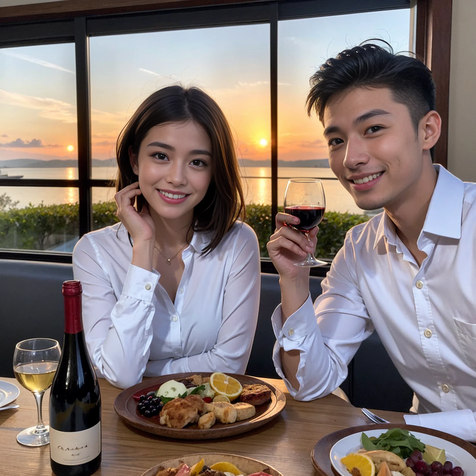 ((Highest quality、、masterpiece:1.3))、 (Genuineistic, Genuine、Bright image、Intricate details:1.2), 最高のsmile、1 male、1 female、Beautiful couple、love love love、fiancee、Good friends、actress couple、smile、Full-course dinner at a packed table、 (Slim face), (the body is slim), (Brown Hair), (short hair), テーブルのwine glass、Please shine a light on my face、 Amazing view of the sunset sky and clouds、29-year-old,age 34、 red wine 、Appetizers、Wine bottle、sparkling wine、Long sleeve shirt、dress、White wine, red wine, wine glass,