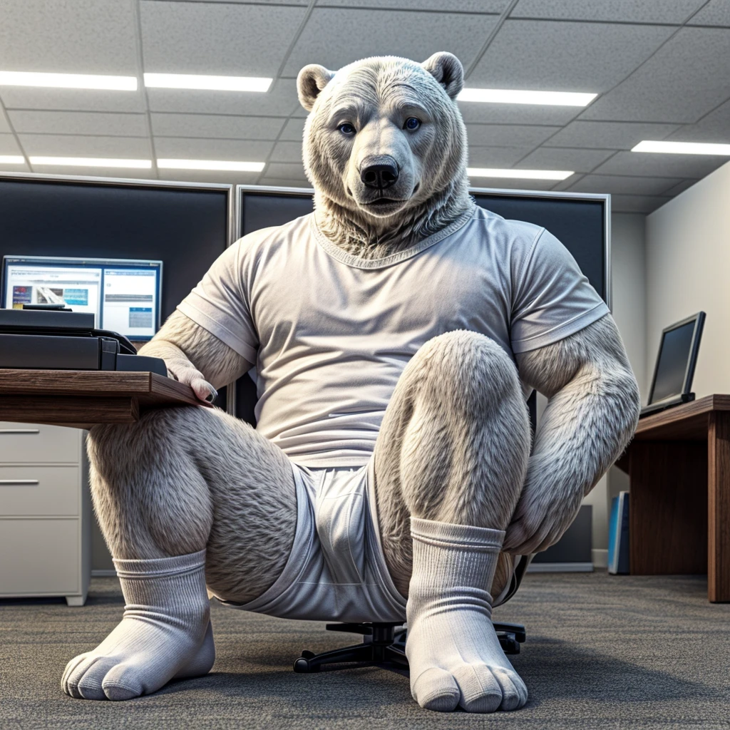 young male polar bear with small blue eyes, no eyebrows, no pants white briefs ,white ankle socks , white shirt, highly detailed lineart, realistic feet, 4k, best quality, masterpiece,office, vivid colors, physically-based rendering ,