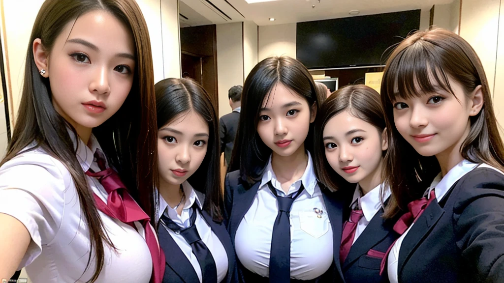((super high quality、High resolution、masterpiece、 Anatomically correct、Super detailed photos、Ultra-realistic photos、 Highest quality))、(2girls)、looking at viewer、((portrait))、(from below)、(huge breast)、Small waist、Detailed face、Perfect figure、Three high school girls close together、 Luxury hotel room with night view、Breast enlargement、((group photo))、((school uniform))