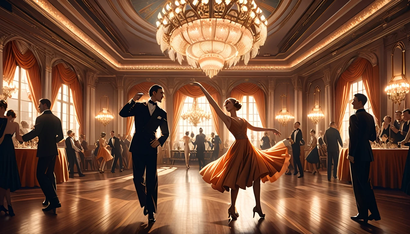 a man and woman dancing tango, art deco ballroom, 1920s, 1 man 1 woman, elegant tango dance pose, ballroom dancers, ornate art deco interior, detailed architectural features, chandelier, (best quality,4k,8k,highres,masterpiece:1.2),ultra-detailed,(realistic,photorealistic,photo-realistic:1.37),cinematic lighting,dramatic shadows,warm color palette,high contrast,golden age of hollywood,dramatic atmosphere