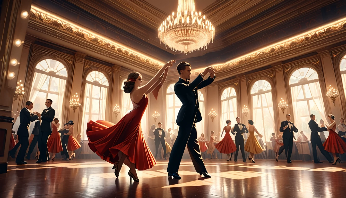 a man and woman dancing tango, art deco ballroom, 1920s, 1 man 1 woman, elegant tango dance pose, ballroom dancers, ornate art deco interior, detailed architectural features, chandelier, (best quality,4k,8k,highres,masterpiece:1.2),ultra-detailed,(realistic,photorealistic,photo-realistic:1.37),cinematic lighting,dramatic shadows,warm color palette,high contrast,golden age of hollywood,dramatic atmosphere