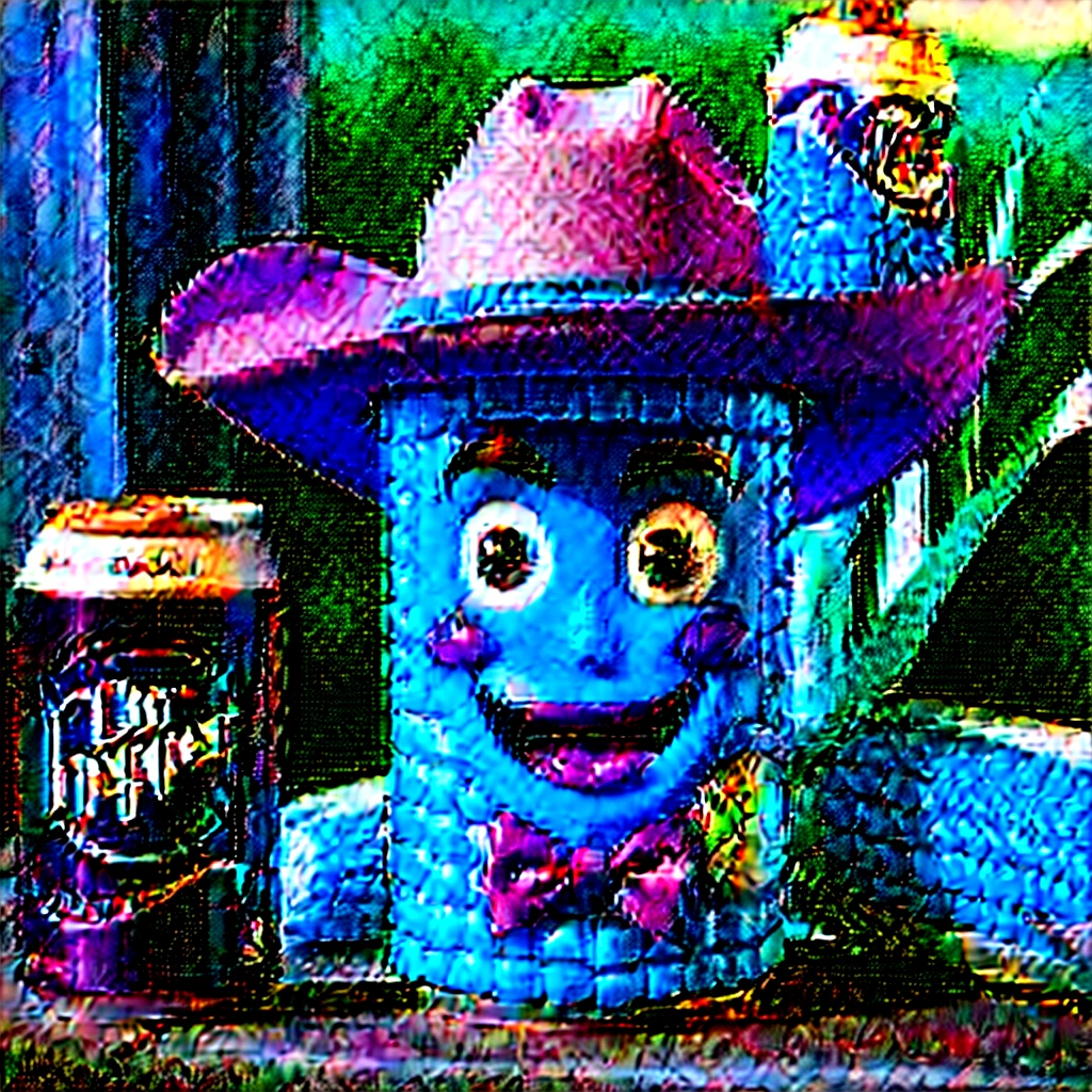 An ear of corn with a face, wearing a pink cowboy hat and holding a can of Dr Pepper
