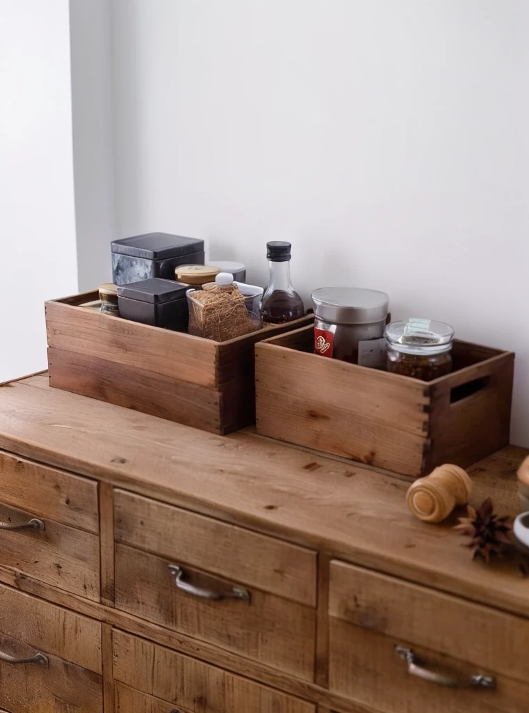 there are two wooden Boxes on a dresser with spices and condiments, rural, wood, wooden crates, Box, simple wood shelves, , wooden, wooden furniture, oak, shelf, tidy, irregular, wooden cabinet, horizontal, Direct, wood accents, a wooden, rural wood, with detailed wood, on a wooden tray, small, on wooden table
