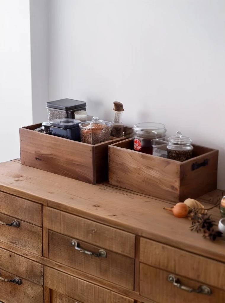 there are two wooden Boxes on a dresser with spices and condiments, rural, wood, wooden crates, Box, simple wood shelves, , wooden, wooden furniture, oak, shelf, tidy, irregular, wooden cabinet, horizontal, Direct, wood accents, a wooden, rural wood, with detailed wood, on a wooden tray, small, on wooden table