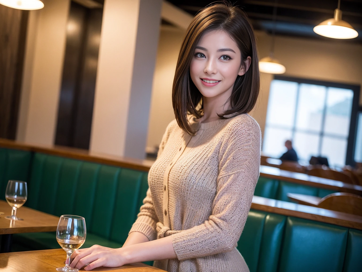 ((Highest quality、8K、masterpiece:1.3))、1 male、1 woman who resembles Satomi Ishihara、Couple、spouse、Couple、The body is slim、((Bob Hale、Straight hair:1.2)), (Realistic, Intricate details:1.2), テーブルの上のwine glass、Shine light on your face、 Amazing view of the sunset sky and clouds、Amazing mountain views、A bright smile、The wonderfulness of smile、Bright image、The beauty of wine, Beautiful Face, blue eyes, The light shines on your face, Blushing, short hair,Bright Face、 (42 years old), 39 years old, red wine 、Appetizers、Italian food、Wine bottle、Champagne、sparkling wine、Two beauties、Brown Hair、Shortcuts、Long sleeve shirt、dress、Beautiful woman 1, (slimな顔), (The body is slim), (Brown Hair), (Shortcuts), cheeks turn a little red,Attractive beauty、restaurant, In a prominent place (From the waist up) Nova Frog Style, actress, model, Upper Body, White wine, slim, wine glass, 中央に置かれたwine glass, smile, (smile: 1.15), Beautiful fine grain, Depth f/2,saturation, High Contrast, Strong light and shadow,Moist Body:1.5、3D texture、Delicate eyes、Brown Hair、The hair is very shiny、