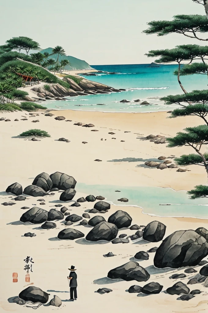 Booties full of plants on a beach with white sand style Chinese ink painting