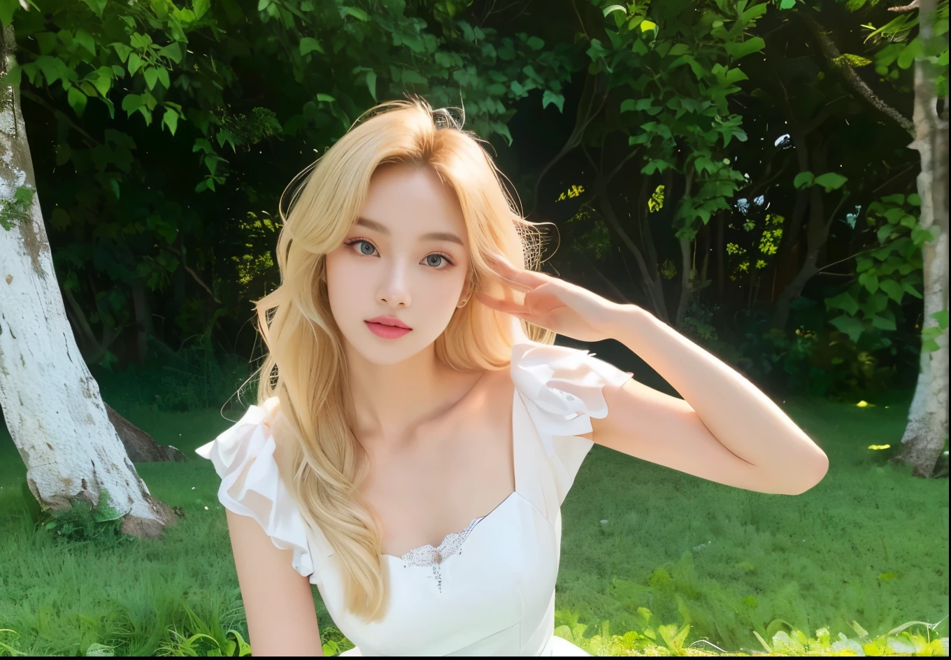 Blonde girl in white dress posing on the grass, Larissa Manobar, Blackpink's Larissa Manoban, blackpink 的 roseanne park, Portrait of Blackpink member Jossi, Portrait of a Korean female idol, Long white hair and bangs, tzuyu from times, Shin Jin Hye, Hot sun, Sakimichan, Home