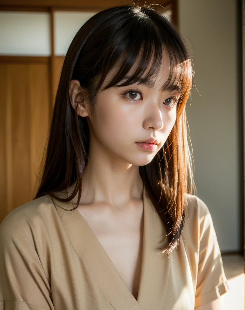 best quality, Face Focus, Soft Light, Ultra-high resolution, (Reality:1.4), RAW photos,
1japanese girl, Solitary, Lovely, (pupil, Light in Eyes), Detailed beautiful face, (Small chest),(High-resolution details of human skin texture),
(Long hair),
indoor,
Brocade shirt dress,
(portrait)