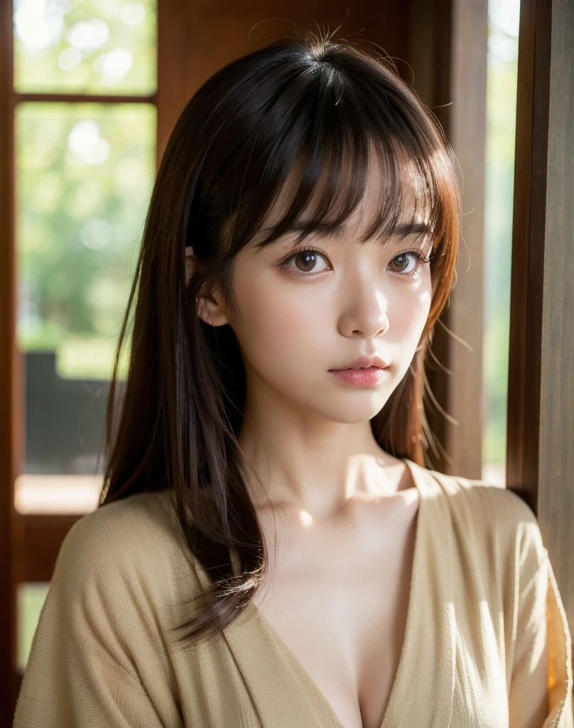 best quality, Face Focus, Soft Light, Ultra-high resolution, (Reality:1.4), RAW photos,
1japanese girl, Solitary, Lovely, (pupil, Light in Eyes), Detailed beautiful face, (Small chest),(High-resolution details of human skin texture),
(Long hair),
indoor,
Brocade shirt dress,
(portrait)