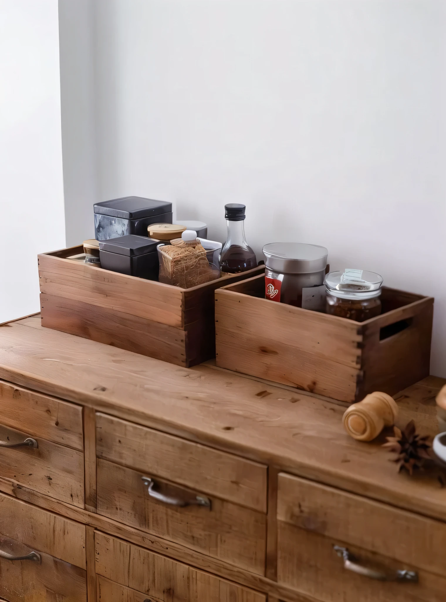 there are two wooden Boxes on a dresser with spices and condiments, rural, wood, wooden crates, Box, simple wood shelves, , wooden, wooden furniture, oak, shelf, tidy, irregular, wooden cabinet, horizontal, Direct, wood accents, a wooden, rural wood, with detailed wood, on a wooden tray, small, on wooden table