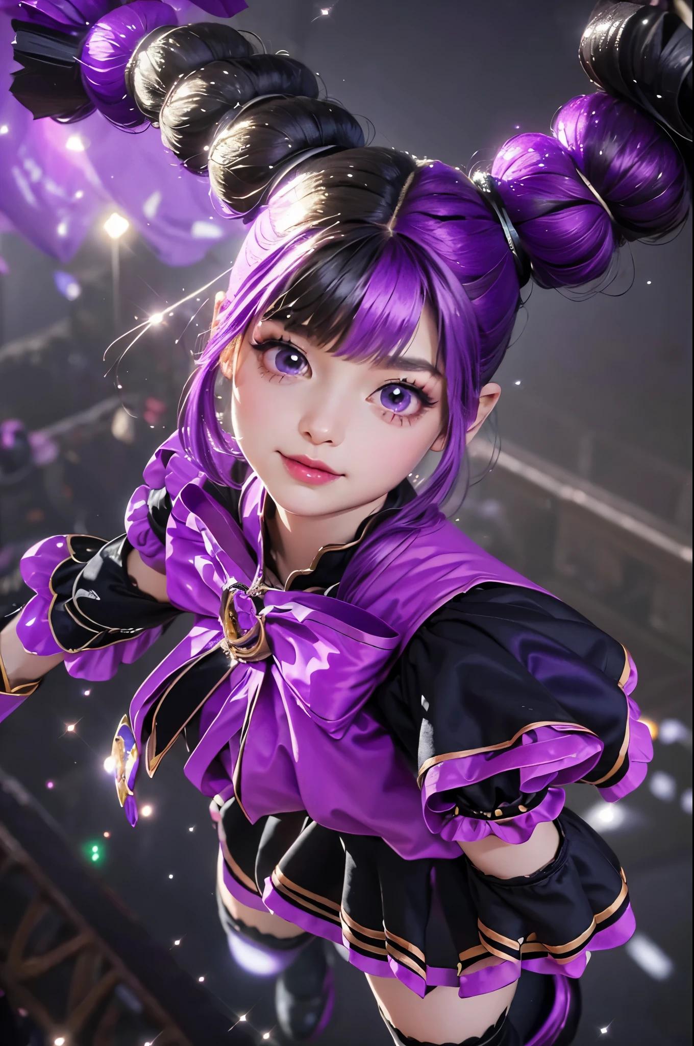 A young girl with long, dark purple hair tied into twin tails, wearing an elegant witch dress in black with purple and gold accents, adorned with lace and ribbons. She holds a magical rabbit doll that is purple with white and gold accents. Her large purple eyes are full of energy and cheerfulness. She wears high boots with long, striped socks, standing against a mystical magical world backdrop, filled with a magical aura and shimmering lights."