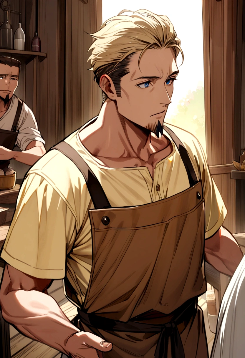 40 year old man, short blond hair, dark blue eyes, goatee, light yellow shirt, brown carpenter's apron.