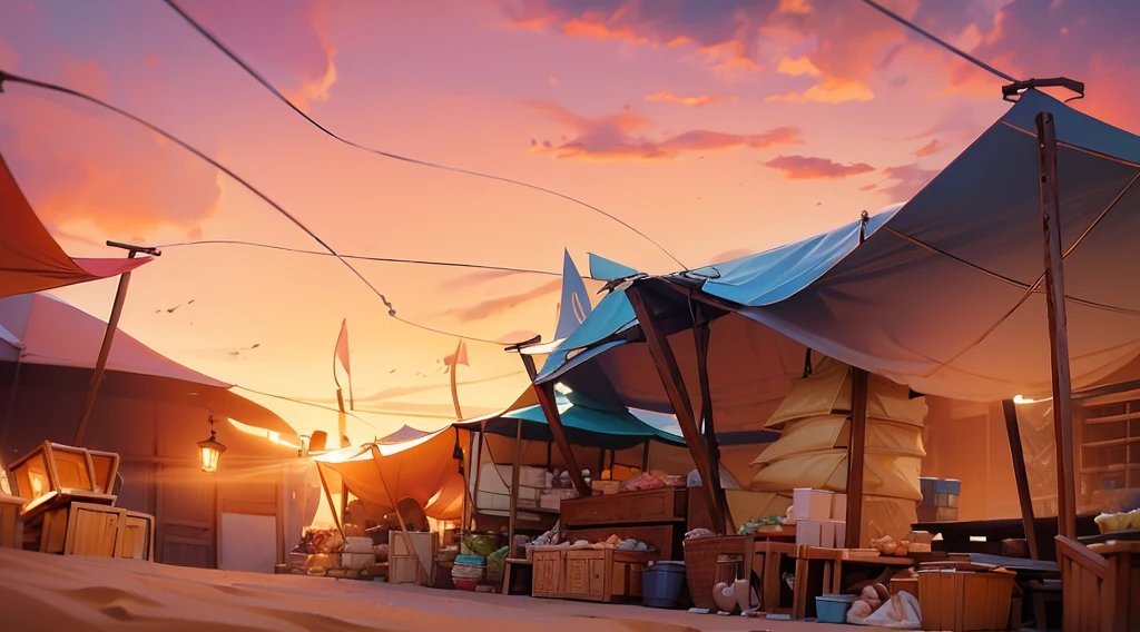 traditional market, (market tents), canopies, butchery, wooden boxes, wooden basket, strings, sand ground, dawn sky, early morning, low angle,