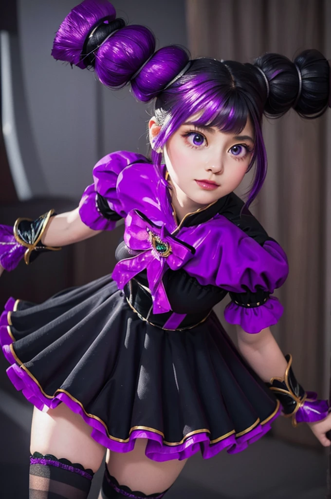 A young girl with long, dark purple hair tied into twin tails, wearing an elegant witch dress in black with purple and gold accents, adorned with lace and ribbons. She holds a magical rabbit doll that is purple with white and gold accents. Her large purple eyes are full of energy and cheerfulness. She wears high boots with long, striped socks, standing against a mystical magical world backdrop, filled with a magical aura and shimmering lights."