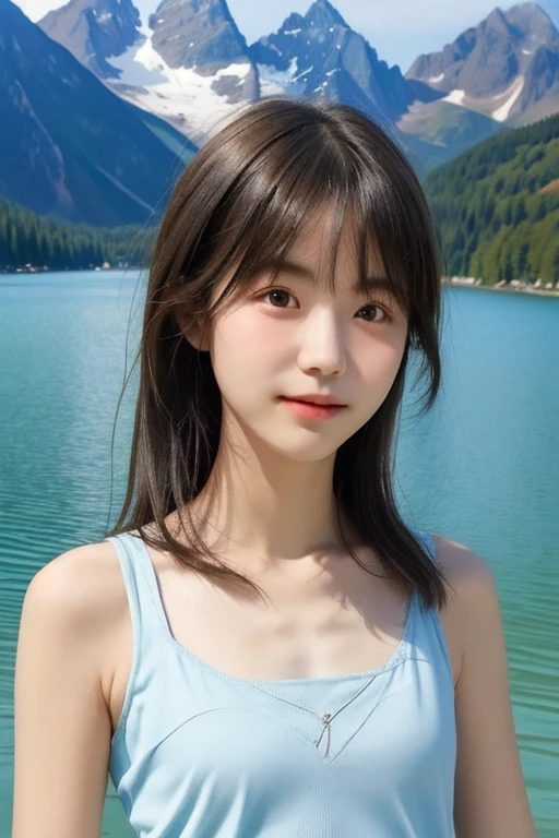 1girl, flat chest, Mountain, Lakeside,