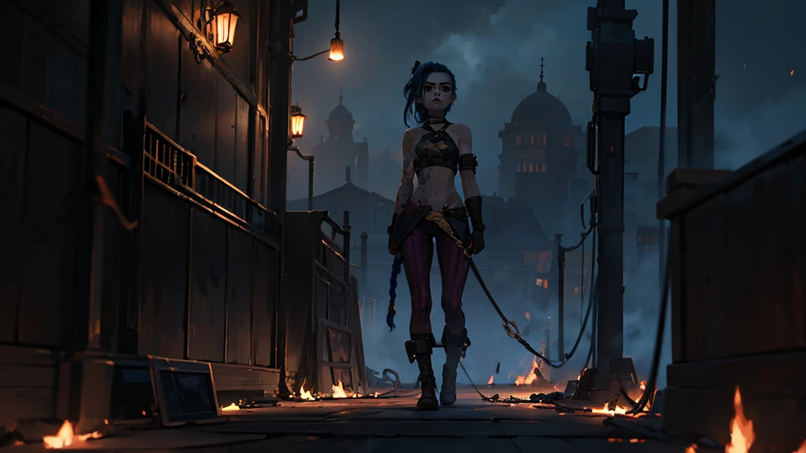 (masterpiece, Best quality), 1 girl, portrait, very sexy, crazy look, smile, crying, pink tears, tears on the cheeks, tears from eyes, full length (full body 1.1.), очень feminine, fighting stance, battle, fire, explosions, burning city, Beautiful waist, gloomy composition, flame, fire, Flash, very beautiful, feminine, long hair, hair braided in long braids, very sexy, tight leather pants, emphasis on the eyes, face accent, Beautiful face, Hands, Hair, Haired ponytail, red purple eyes, Джинкс crying, Blue cloud tattoo, (masterpiece, Best quality), Side lighting, beautiful detailed eyes, crazy face), (Best quality), (masterpiece), magic photography, Spectacular lighting, Photorealism, ultra detailed, интимная portraitная композиция, 1. 4,8 k UHD, aesthetic, Cd., A high resolution, 8 k, better lighting, Best shade, Ultra-HD, A high resolution, sharp focus, Complex background, Cinematic lighting, ((Landscape view)), 4K block, (better lighting), ((Cinematic lighting)),
