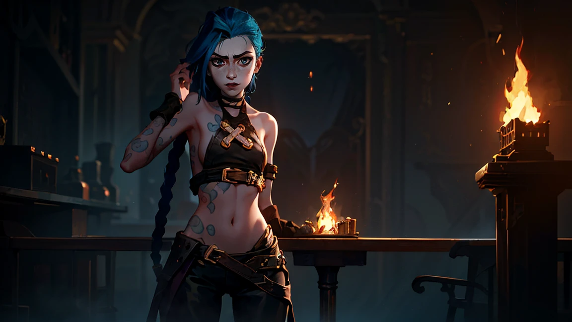 (masterpiece, Best quality), 1 girl, portrait, very sexy, crazy look, smile, crying, pink tears, tears on the cheeks, tears from eyes, full length (full body 1.1.), очень feminine, fighting stance, battle, fire, explosions, burning city, Beautiful waist, gloomy composition, flame, fire, Flash, very beautiful, feminine, long hair, hair braided in long braids, very sexy, tight leather pants, emphasis on the eyes, face accent, Beautiful face, Hands, Hair, Haired ponytail, red purple eyes, Джинкс crying, Blue cloud tattoo, (masterpiece, Best quality), Side lighting, beautiful detailed eyes, crazy face), (Best quality), (masterpiece), magic photography, Spectacular lighting, Photorealism, ultra detailed, интимная portraitная композиция, 1. 4,8 k UHD, aesthetic, Cd., A high resolution, 8 k, better lighting, Best shade, Ultra-HD, A high resolution, sharp focus, Complex background, Cinematic lighting, ((Landscape view)), 4K block, (better lighting), ((Cinematic lighting)),