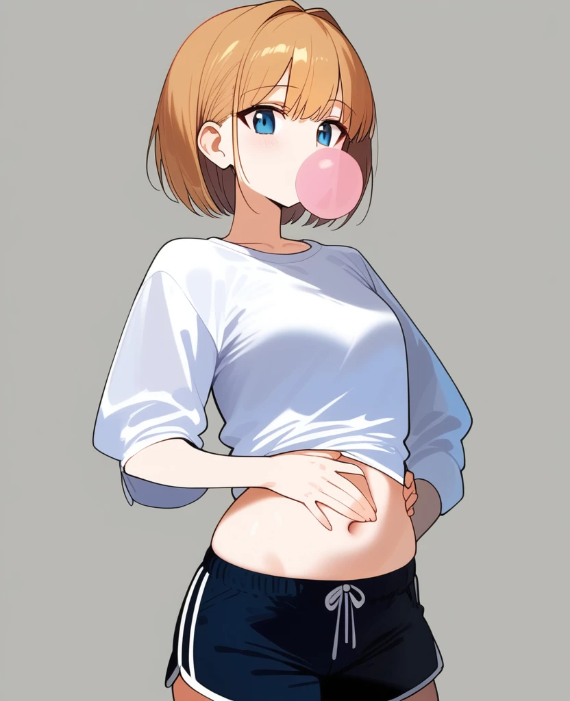 1girl, ultra high res, bronya zaychil, exposed tummy, hand on tummy, gum shorts, white shirt