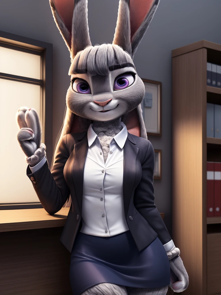 best quality,
masterpiece,
High quality
ultra-detailed
beautiful detailed,
hyper Realistic,
8k , 16k,
3D,
Portrait,
Looking at the audience,
detailed background,
background is an office,
(Face is JudyHopps:1.4),
((long straight hair)),
(see-through bangs:1.3),
beautiful eyes,
bright purple eyes,
(arched eyebrows:1.2),
(uplift eyebrows:1.1),
(rabbit ears:1.1),
(outfit is made of wool:1.4),
(((body is made of wool fabric)))
(((body is gray with fluffy and fluffy))),
(((skin is wool fabric with fluffy and fluffy))),
office lady is wearing suit,
((White blouse)),
((Black blazer jacket)),
((Black skirt)),
clothes made of cotton,
(solo:1.5),
(1 lady:1.5),
one character only
alone,
Perfect Anatomy