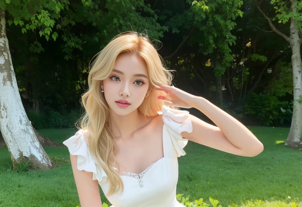 Blonde girl in white dress posing on the grass, Larissa Manobar, Blackpink's Larissa Manoban, blackpink 的 roseanne park, Portrait of Blackpink member Jossi, Portrait of a Korean female idol, Long white hair and bangs, tzuyu from times, Shin Jin Hye, Hot sun, Sakimichan, Home
