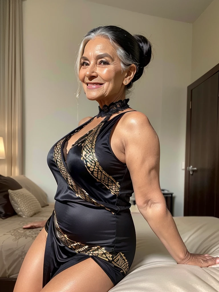 Mature old woman 80 years with black hair, plus size, old face and body with many wrinkles, loose skin, standing at bedroom posing for photo, She wearing black dress with gold pattern and large neckline and lace stockings, ponytail, side view. jaw dropping mature older beauty, old face and body with wrinkles, old face, full visible legs, smiling, attractive grandma, a gorgeous old hair, beautiful old grandma, lovely older mature grandma, gorgeous beautiful grandma over 80 years old, beautiful black hair grandma, beautiful detailed body and face, a beautiful old granny