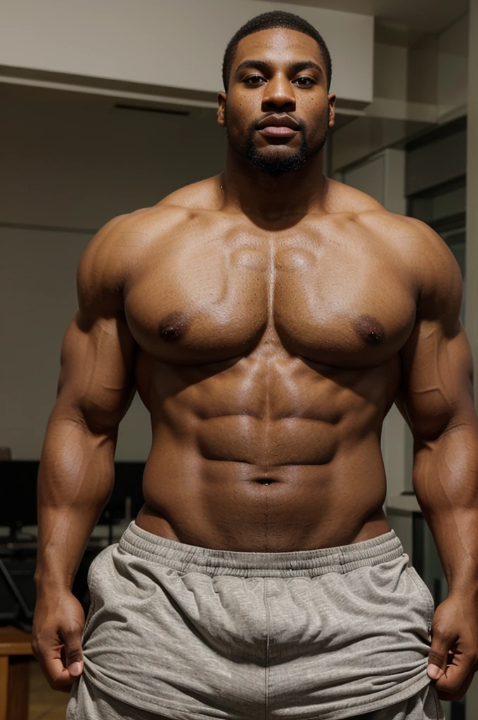 Create an image of a black man, height 1.75 meters, chocolate skin tone, smooth skin, weight maximum 90 kilograms, slightly muscular physique, visible but not overly developed muscles, athletic and harmonious appearance, dark brown eyes, expressive, slightly almond-shaped, symmetrical facial features, well-defined jawline, high cheekbones, straight and proportionate nose, full and well-shaped lips, short well-groomed hair, faded haircut, thick but well-trimmed beard, broad shoulders, defined torso, muscular arms without excessive volume, solid and proportionate legs, slightly visible abs, active and healthy lifestyle.