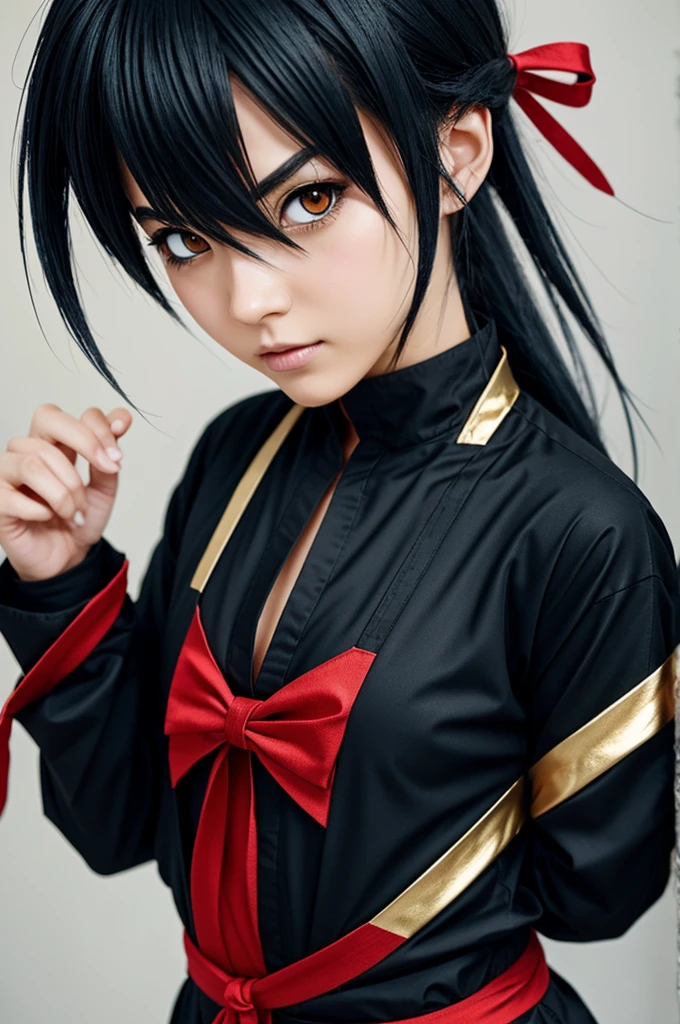 create the following 2d ninja anime style character wearing black clothing with subtle gold and red details with dark blue uncovered hair