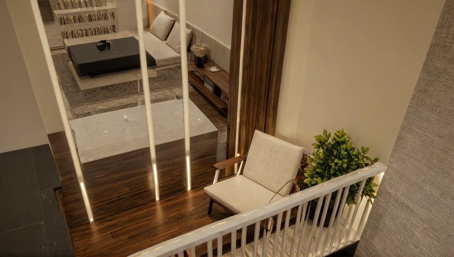 Raw photo,Masterpiece, high quality, best quality, authentic, super detail, interior, indoors, style Indochine modern, minimalist line, aiaigroup , wooden, walnut veneer wood, led light, white paint wall, sofa, BED RooM, day light, atrium