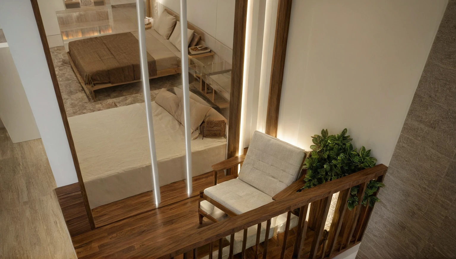 Raw photo,Masterpiece, high quality, best quality, authentic, super detail, interior, indoors, style Indochine modern, minimalist line, aiaigroup , wooden, walnut veneer wood, led light, white paint wall, sofa, BED RooM, day light, atrium