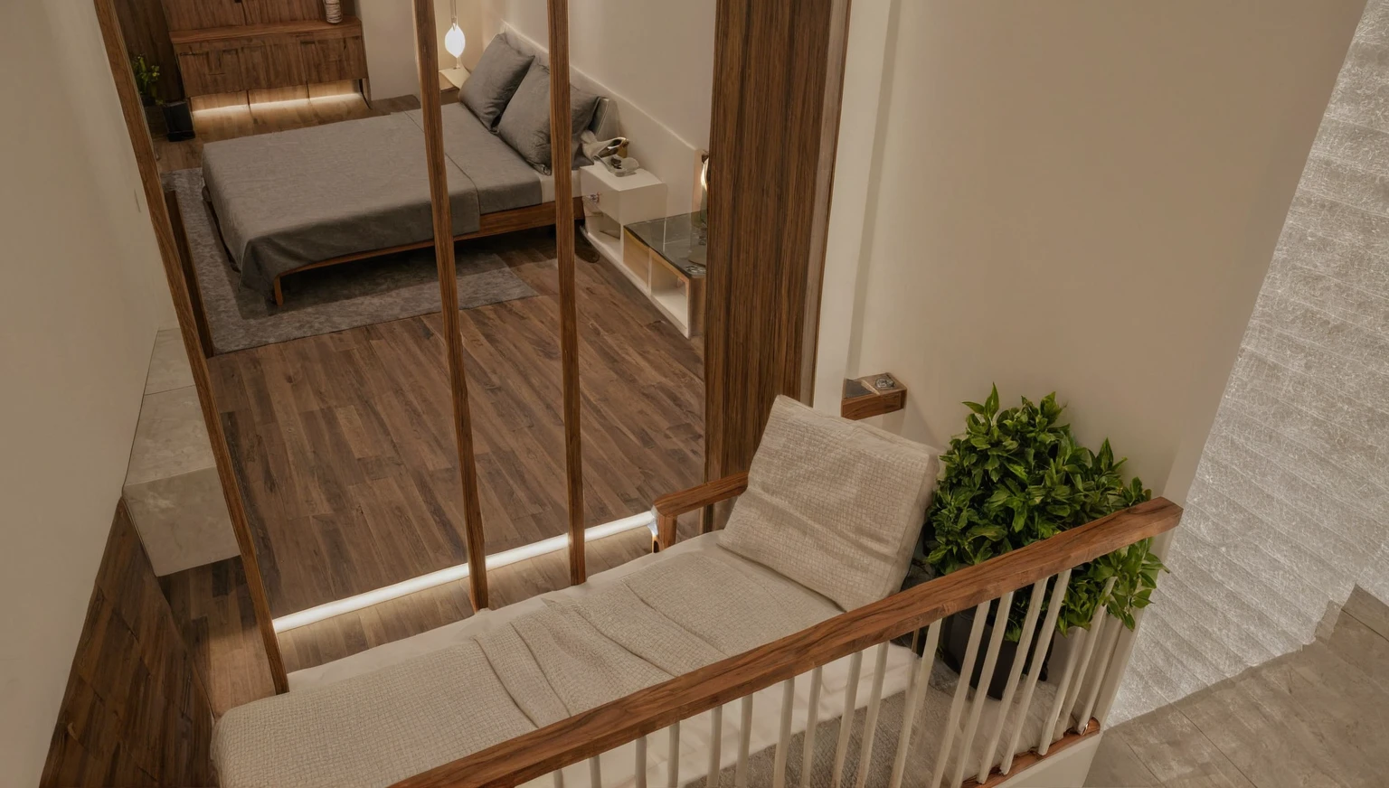 Raw photo,Masterpiece, high quality, best quality, authentic, super detail, interior, indoors,  style Indochine modern, minimalist line, aiaigroup , wooden, walnut veneer wood, led light, white paint wall, sofa, BED RooM, day light, atrium