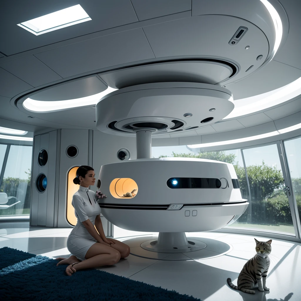 Gentle and loving space age house wife and her friendly pet house cat in Futuristic house