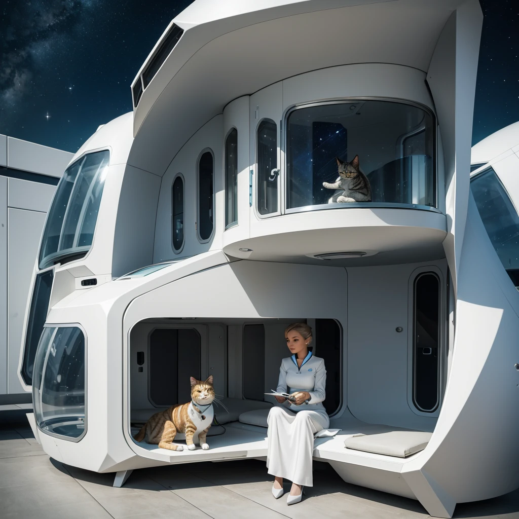 Gentle and loving space age house wife and her friendly pet house cat in Futuristic house