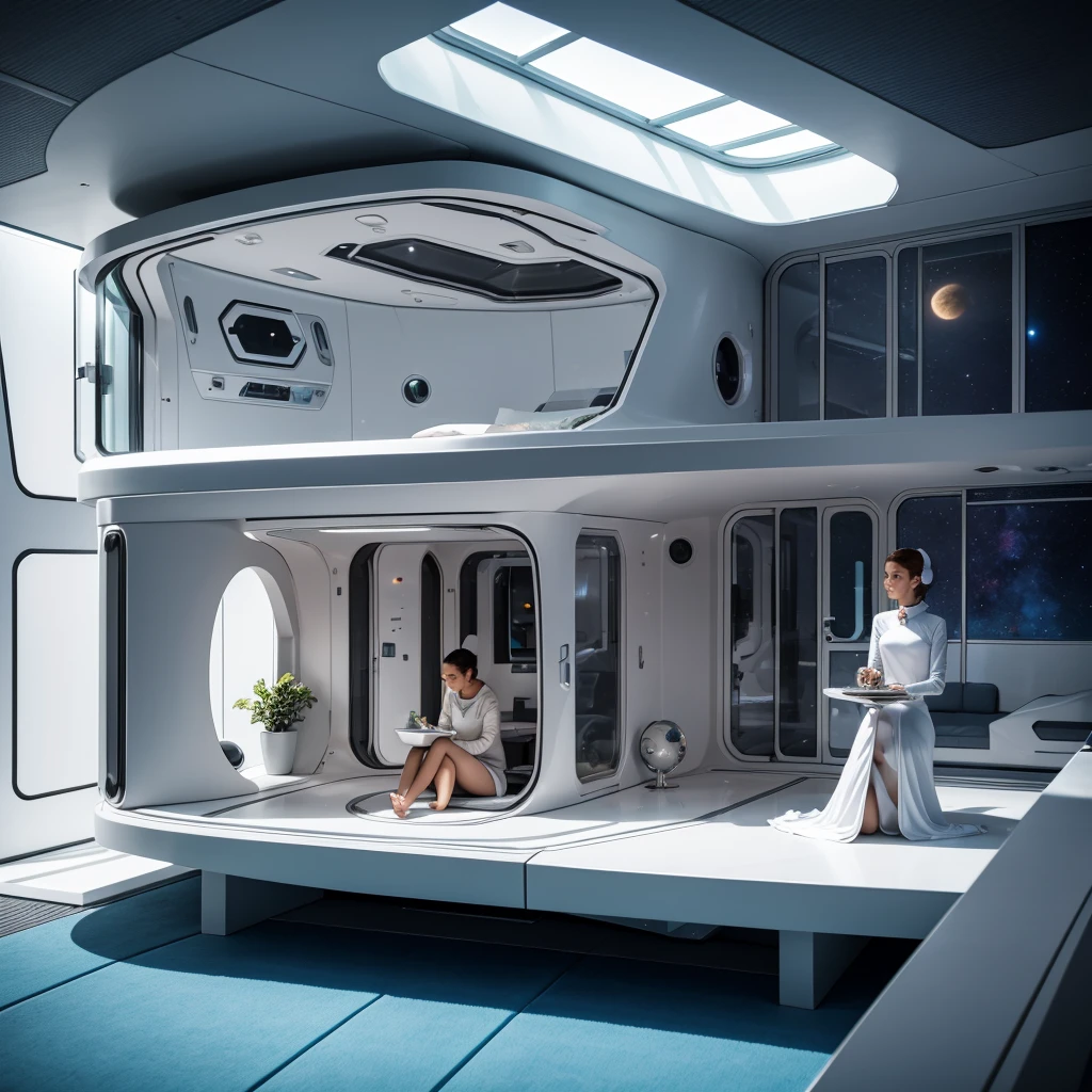 Gentle and loving space age house wife and her friendly pet house cat in Futuristic house