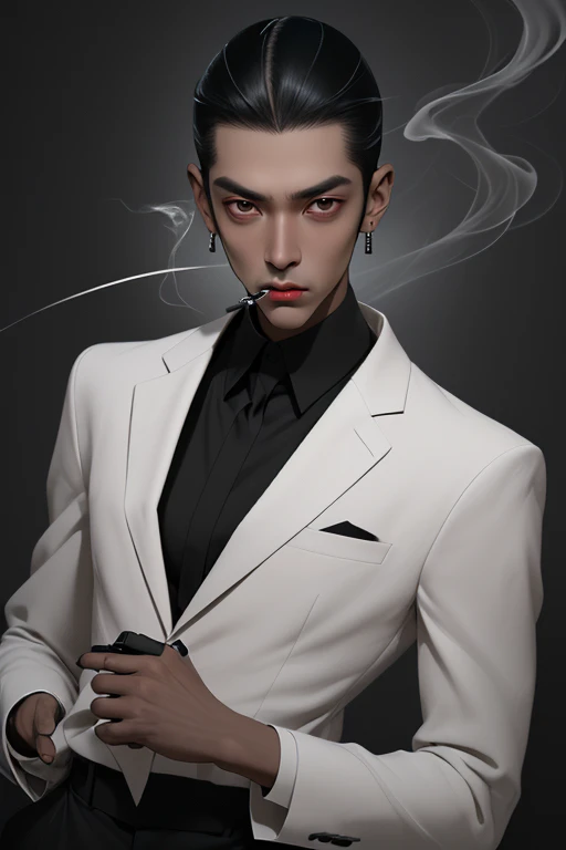 A thin man with black skin, secret agent with a cigarette in his mouth, earrings in ear,
