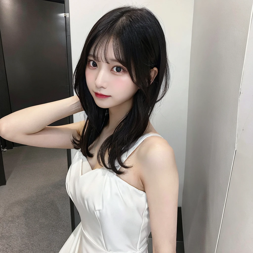 whiteroom, 1 person, Japanese woman, look at the camera, 24yo, H~I cup, model's expression, silver ratio, cute, middle black hair, stripper, erotic, eye color brown, white dress,