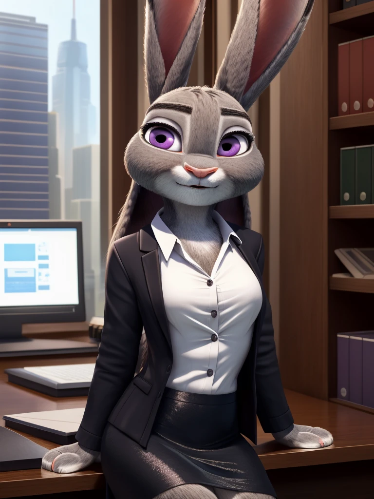 best quality,
masterpiece,
High quality
ultra-detailed
beautiful detailed,
hyper Realistic,
8k , 16k,
3D,
Portrait,
Looking at the audience,
detailed background,
background is an office,
(Face is JudyHopps:1.4),
((long straight hair)),
(see-through bangs:1.3),
beautiful eyes,
bright purple eyes,
(arched eyebrows:1.2),
(uplift eyebrows:1.1),
(rabbit ears:1.1),
office lady is wearing suit,
((White blouse)),
((Black blazer jacket)),
((Black skirt)),
clothes made of cotton,
(solo:1.5),
(1 lady:1.5),
one character only
alone,
Perfect Anatomy