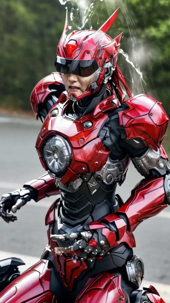Rough skin, Very detailed, Advanced Details, high quality, 最high quality, High resolution, 1080P 、、Red Armor、Wearing red and black、cute((During a break))(破損したwoman用ロボットスーツを着用...)(Red Armor)(Broken Armor)Black Hair、、Soaking wet、Soaked Face Place the headgear aside Beautiful Face、Hot look knock down、よだれing from the mouth、woman (Steam coming out of the face) ((Steam from the body)) Sit on a chair Filming locations I can see the vagina Open the crotch to the front look up