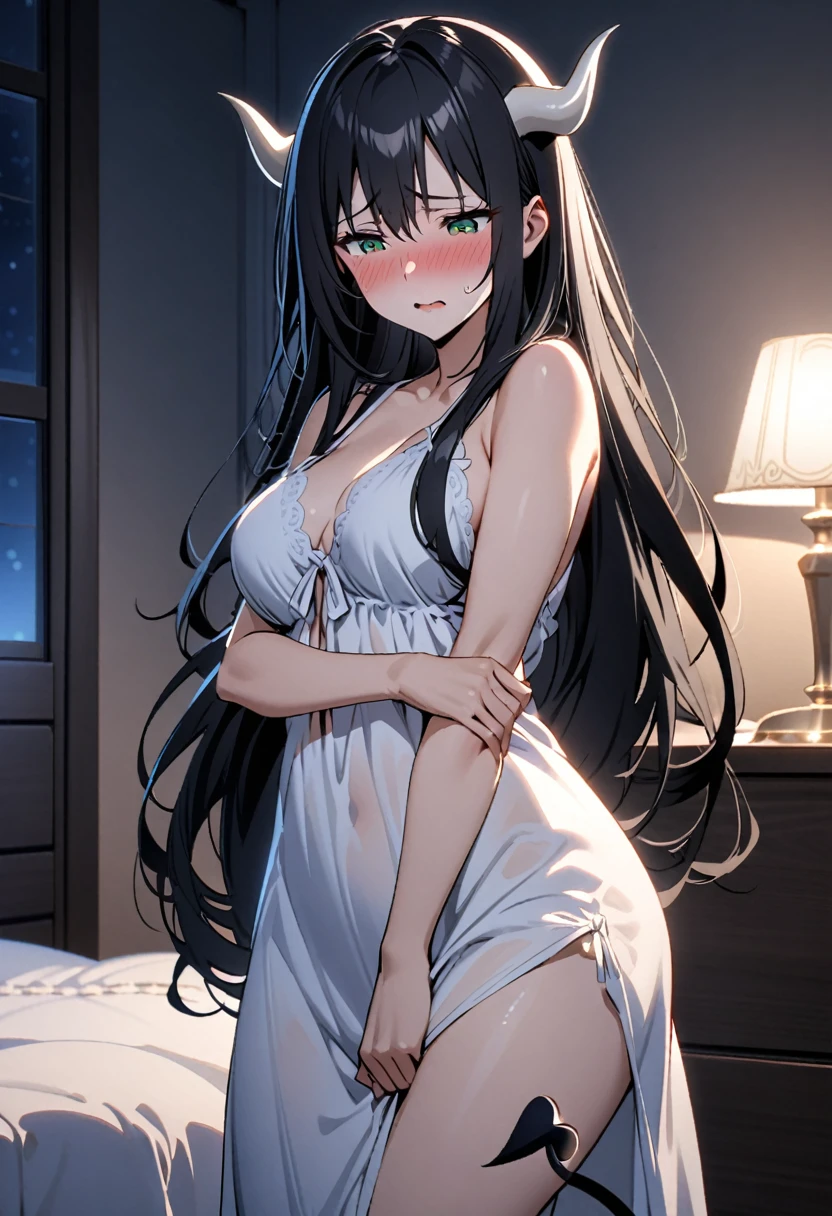 A mature woman with very long black hair with white highlights,white horns,green eyes, devil tail, Wearing just a white nightgown in a ((bedroom)), blushing,shy, medium breasts, ((night time))