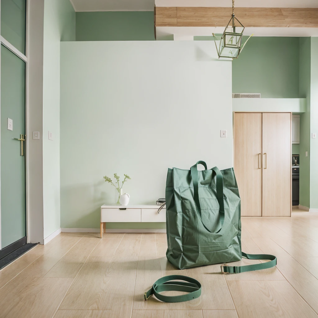 The bag was placed on the floor of the living room，Dark green hue，High saturation and low brightness