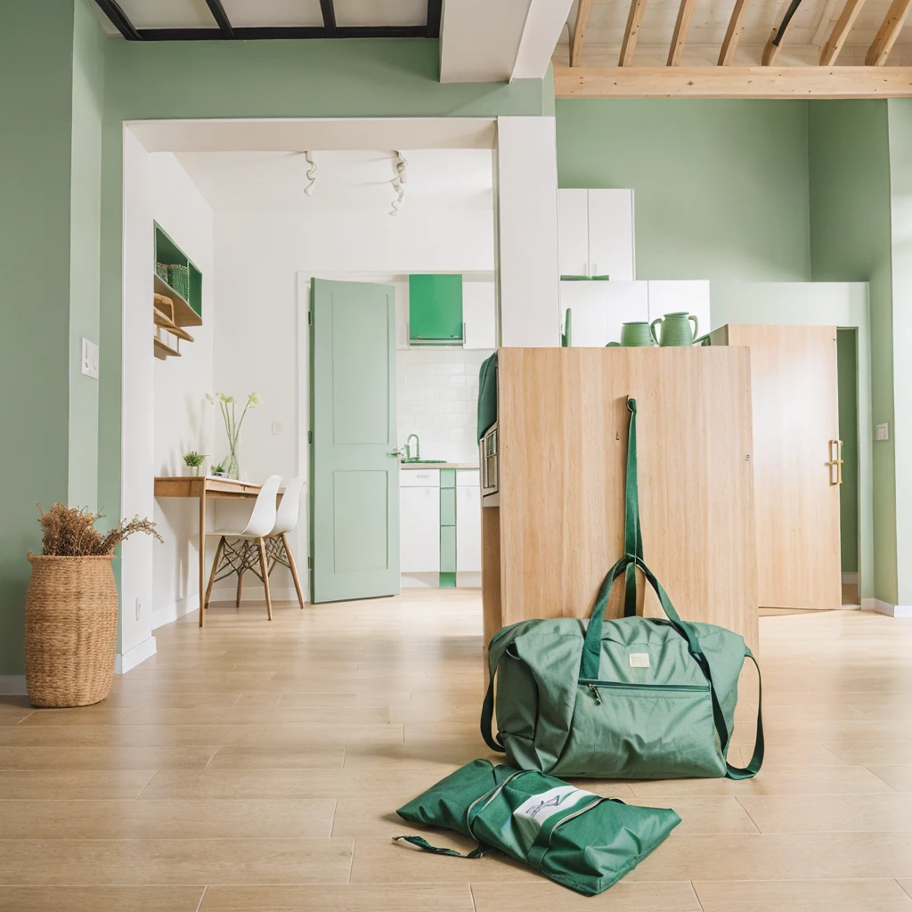 The bag was placed on the floor of the living room,Dark green hue,High saturation and low brightness