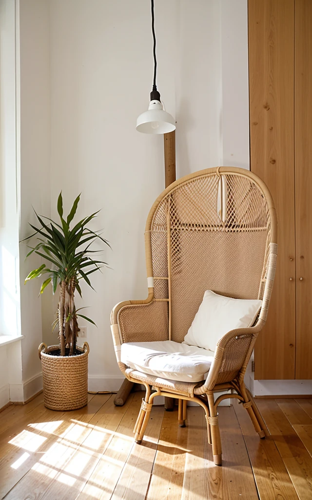 rattan chair, standing in the studio, Well lit