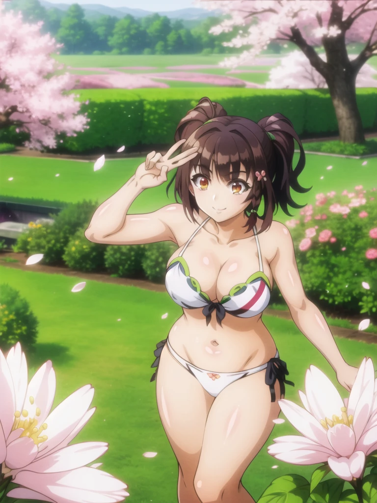 masterpiece, Highest quality, Raphael, Twin tails, smile, Fantasy Landscape, cherry blossoms, garden, petal, Soft particles, Swimwear,