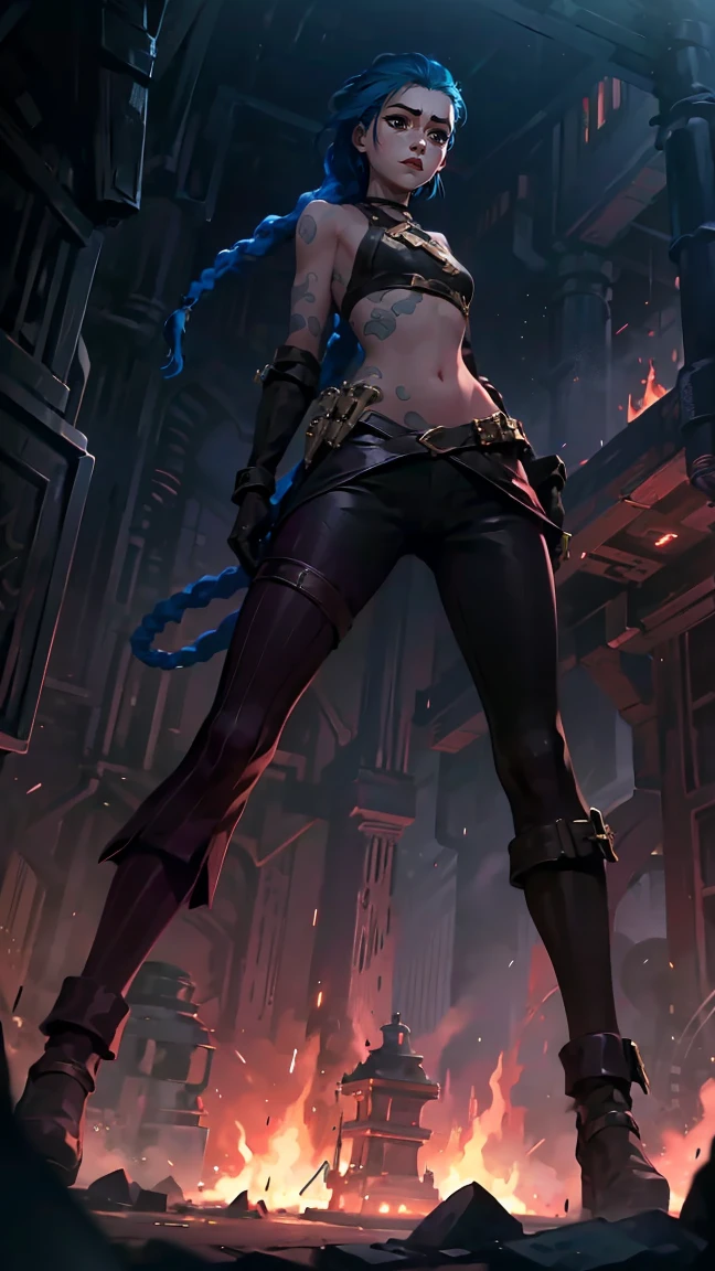 (masterpiece, Best quality), 1 girl, portrait, very sexy, crazy look, smile, crying, pink tears, tears on the cheeks, tears from eyes, full length (full body 1.1.), очень feminine, fighting stance, battle, fire, explosions, burning city, Beautiful waist, gloomy composition, flame, fire, Flash, very beautiful, feminine, long hair, hair braided in long braids, very sexy, tight leather pants, emphasis on the eyes, face accent, Beautiful face, Hands, Hair, Haired ponytail, red purple eyes, Джинкс crying, Blue cloud tattoo, (masterpiece, Best quality), Side lighting, beautiful detailed eyes, crazy face), (Best quality), (masterpiece), magic photography, Spectacular lighting, Photorealism, ultra detailed, интимная portraitная композиция, 1. 4,8 k UHD, aesthetic, Cd., A high resolution, 8 k, better lighting, Best shade, Ultra-HD, A high resolution, sharp focus, Complex background, Cinematic lighting, ((Landscape view)), 4K block, (better lighting), ((Cinematic lighting)),