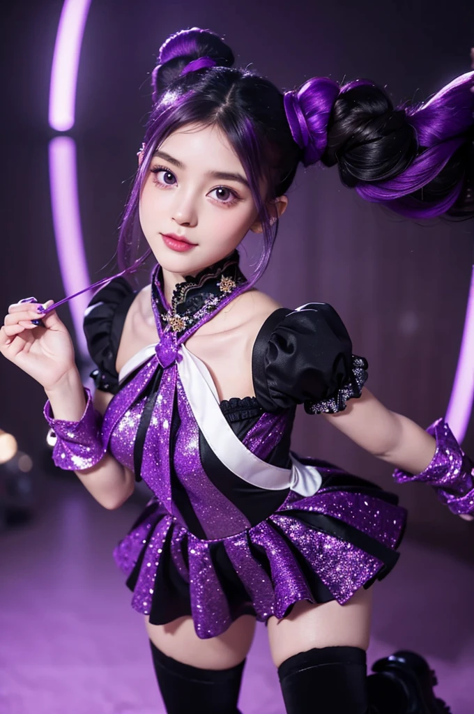 A young girl with long, dark purple hair tied into twin tails, wearing an elegant witch dress in black with purple and gold accents, adorned with lace and ribbons. She holds a magical rabbit doll that is purple with white and gold accents. Her large purple eyes are full of energy and cheerfulness. She wears high boots with long, striped socks, standing against a mystical magical world backdrop, filled with a magical aura and shimmering lights."